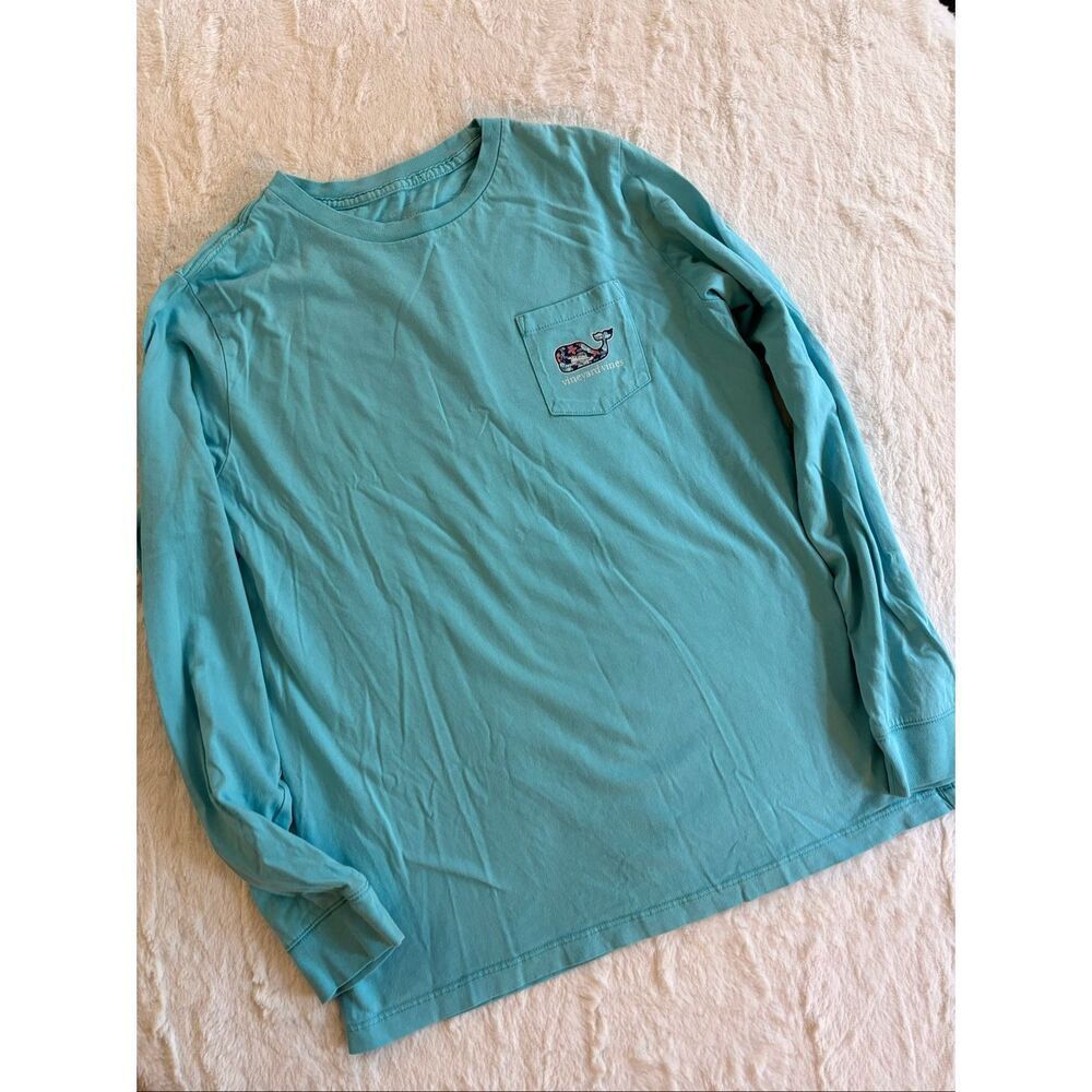 Vineyard Vines Kids Long Sleeve Pocket T-Shirt Whale Boat Floral Logo Aqua Blue